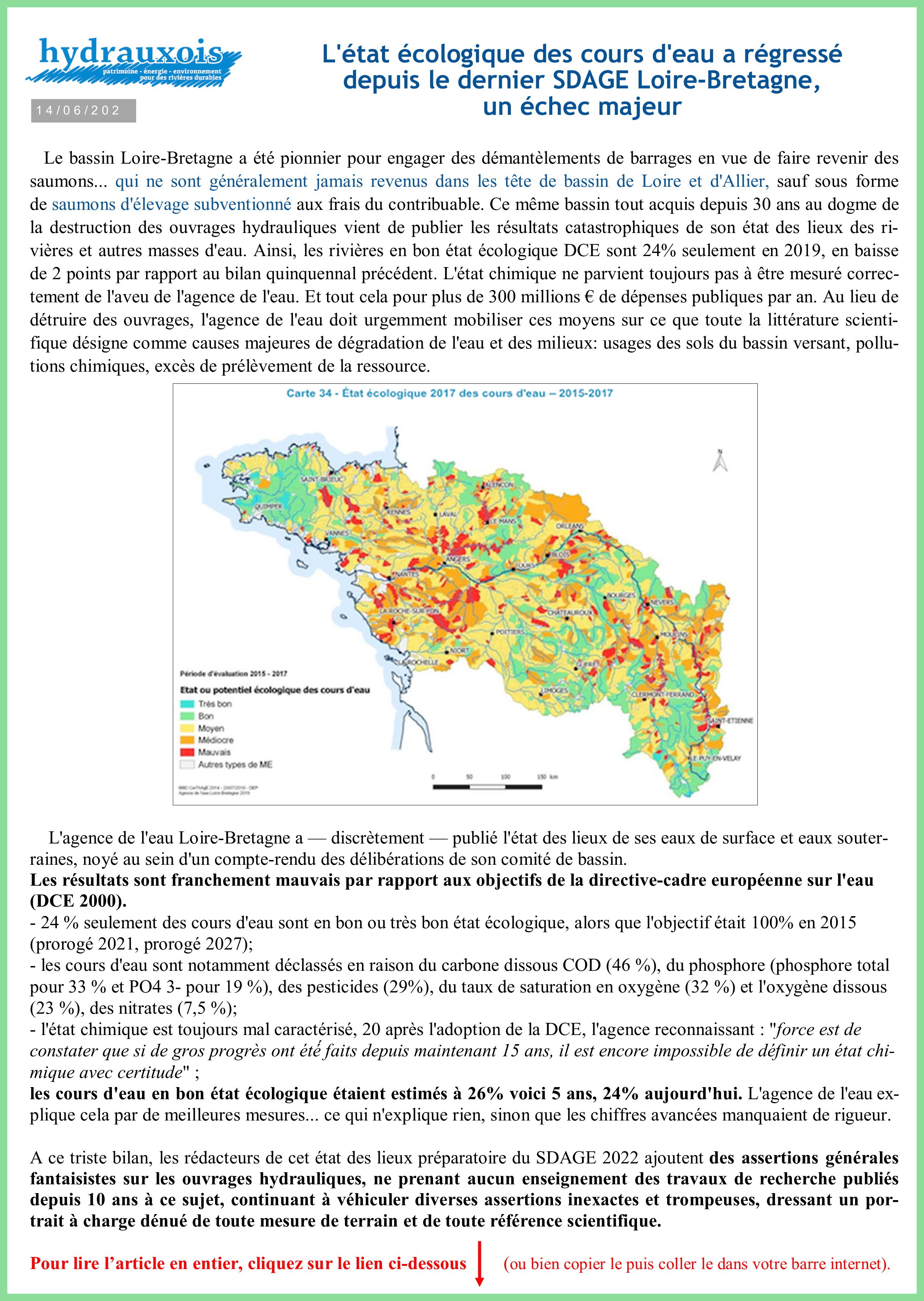 Régression qualité eau bassin Loire Bretagne